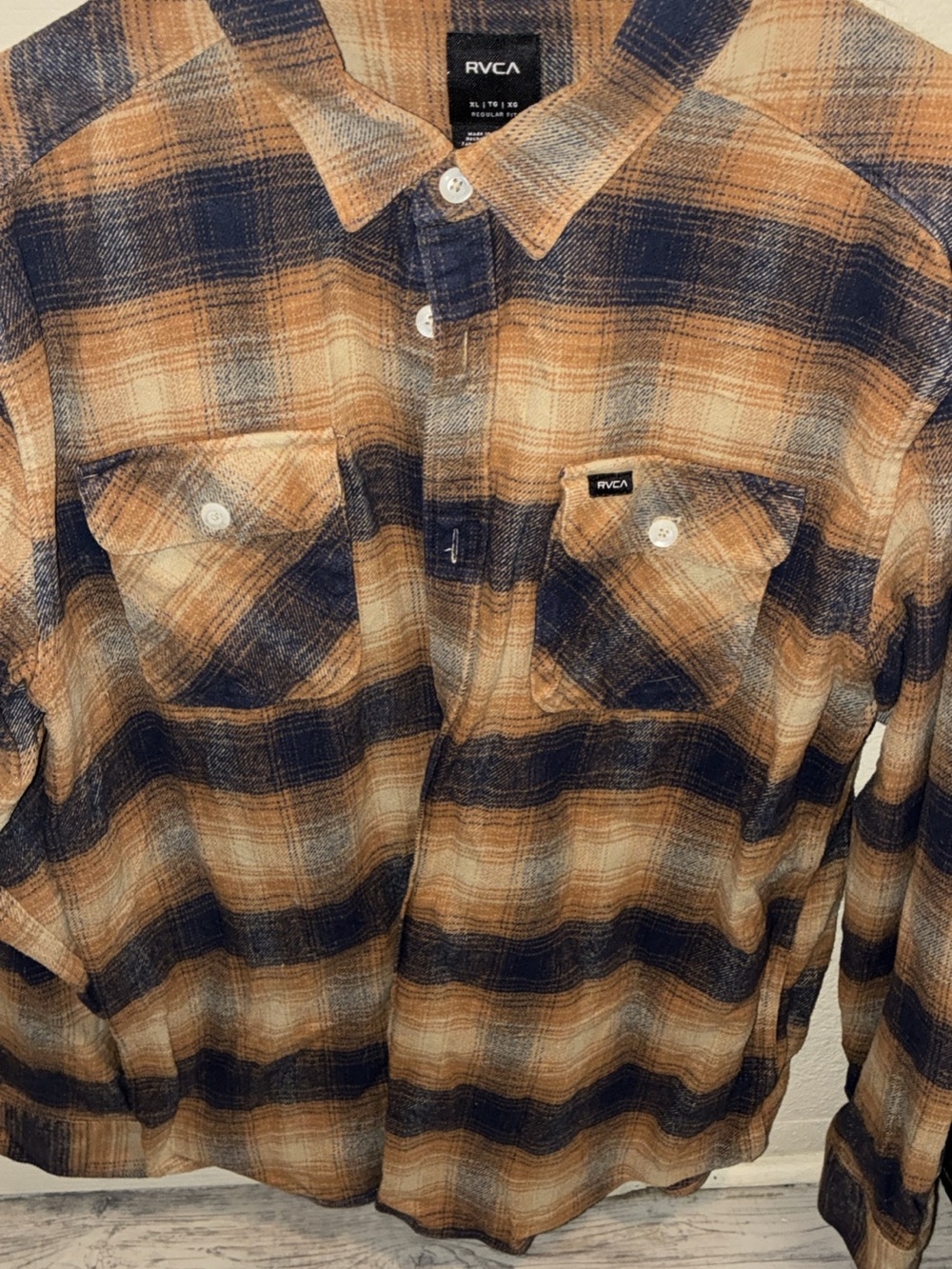 RVCA Tan and Navy Plaid Button-Down Shirt